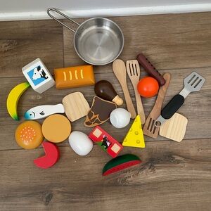 Lot of Wooden Play Food Set with Cooking Accessories